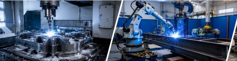 CNC machining and robotic welding in a manufacturing facility